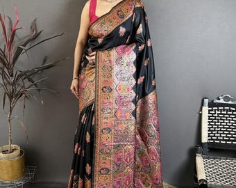 Luxury Kashmiri Pashmina Silk Saree with Meenakari