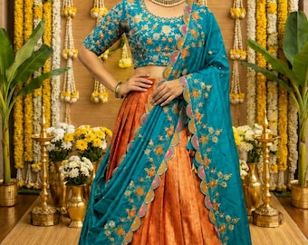 Reines Kanjivaram Seide Lehenga Set mit Maggam Arbeitsschmuck