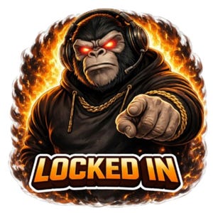 Może przedstawiać: Cyfrowa ilustracja goryla w słuchawkach i czarnej bluzie z kapturem, z świecącymi czerwonymi oczami i wskazującym palcem. Tło przedstawia płomienie, a tekst "LOCKED IN" jest wyświetlany na dole w pomarańczowo-białej czcionce.