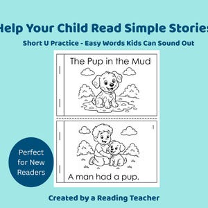 Op de afbeelding: Een kinderleesboek met de tekst "Help Your Child Read Simple Stories". Het boek bevat zwart-wit illustraties van een puppy en een jongen met een puppy, met de tekst "The Pup in the Mud" en "A man had a pup."