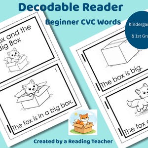 May include: A set of beginner CVC word flashcards for kindergarten and 1st grade. The cards feature illustrations of a fox in a box, with simple sentences like "The fox is in a big box."