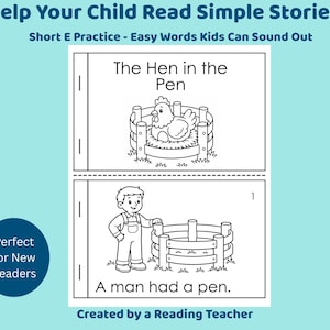 May include: Black and white illustrations from a children's reading book. The top image shows a hen in a pen, and the bottom image shows a boy and a pen. Text includes "Help Your Child Read Simple Stories" and "Perfect for New Readers."