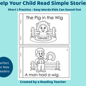 May include: Black and white illustration of a children's reading exercise. The top section reads "The Pig in the Wig" with a pig illustration. The bottom section reads "A man had a wig" with a man illustration. Text at the top says "Help Your Child Read Simple Stories".