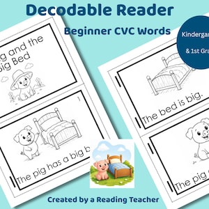 Op de afbeelding: Een decodeerbare lezer voor beginnende CVC-woorden. De pagina's bevatten illustraties van een varken en een bed, met eenvoudige zinnen als "Het varken heeft een groot bed". De lezer is ontworpen voor kleuters en leerlingen van groep 3.