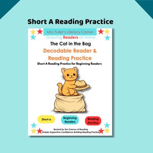 May include: A children's educational book cover with a cartoon cat sitting in a bag, holding a hat. The title is "The Cat in the Bag" with text "Short A Reading Practice" and "Decodable Reader & Reading Practice".