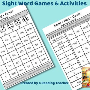 Puede incluir: Dos juegos y actividades de palabras de uso frecuente para jardín de infancia y 1er grado. Los juegos incluyen "Roll, Read, Cover" y "Read, Find, Cover". Cada juego tiene una cuadrícula de palabras de uso frecuente. El texto "Sight Word Games & Activities" está en la parte superior.