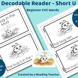 Op de afbeelding: Educatief materiaal voor beginnende lezers. De afbeelding toont pagina's met illustraties van een lieveheersbeestje en eenvoudige zinnen zoals "The bug is in the mud." Tekst bevat "Decodable Reader - Short U" en "Beginner CVC Words."