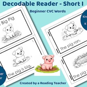 Op de afbeelding: Educatief leesmateriaal voor beginnende lezers. De afbeelding toont pagina's met illustraties van varkens en eenvoudige zinnen als "The Big Pig" en "The pig is big". Tekst bevat "Decodable Reader - Short I" en "Beginner CVC Words".