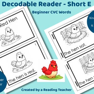Op de afbeelding: Educatief materiaal voor beginnende lezers. De afbeelding toont pagina's met illustraties van een kip en eenvoudige zinnen. De tekst bevat "The Red Hen" en "The hen is red." Er is ook een kleurrijke cartoonkip te zien.