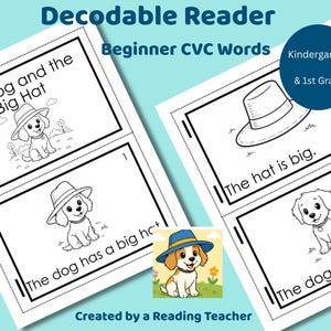Op de afbeelding: Twee pagina's tellende decodeerbare lezer voor beginnende CVC-woorden. De pagina's bevatten illustraties van een hond met een hoed, met zinnen als "De hond heeft een grote hoed." en "De hond kan zitten." De tekst "Decodable Reader" en "Beginner CVC Words" staat bovenaan.