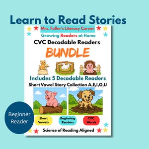 Puede incluir: Un paquete de lectores decodificables CVC para lectores principiantes. La portada presenta animales de dibujos animados y el texto "Learn to Read Stories" y "BUNDLE". Incluye la colección de cuentos de vocales cortas A, E, I, O, U. Science of Reading Aligned.
