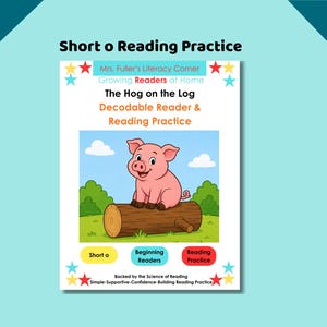 Op de afbeelding: Een educatieve print voor kinderen met een cartoonvarken op een boomstam. De titel is "The Hog on the Log", met extra tekst. Het is ontworpen voor beginnende lezers en leespraktijk.