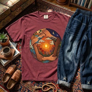 May include: A maroon t-shirt featuring a circular design of hands encircling a landscape with a sun, flowers, and a crescent moon. The shirt is styled with blue denim jeans. Accessories include brown leather loafers and a small plant.