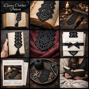 Puede incluir: Una colección de imágenes que muestran un marcapáginas de ganchillo negro con una borla. El marcapáginas se muestra en varios entornos, incluso dentro de un libro, sobre una superficie roja y con materiales de manualidades. El texto "Luxury Crochet Pattern" es visible.