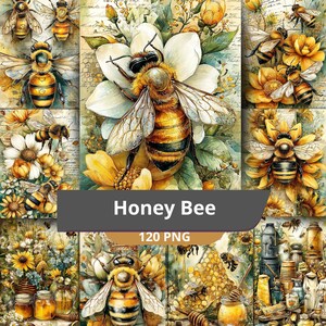 Könnte beinhalten: Eine digitale Collage mit mehreren Illustrationen von Honigbienen, gelben Blumen und Wabenmustern. Das Kunstwerk zeigt verschiedene Bienenarten im Flug und auf Blüten ruhend, ergänzt durch Textüberlagerungen im Vintage-Stil und Honiggläser.