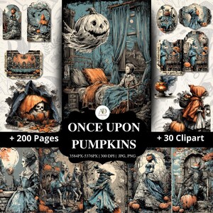 Könnte beinhalten: Eine digitale Sammlung von Halloween-Illustrationen mit dem Titel Once Upon Pumpkins, bestehend aus 200 Seiten und 30 Cliparts. Die Grafiken zeigen düstere Szenen mit Kürbissen, Geistern, Skeletten und verschiedenen Charakteren in Blau- und Orangetönen.