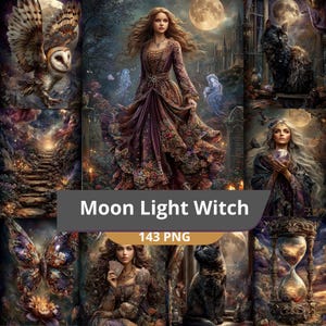 May include: A digital collage featuring a barn owl, a woman in a long gown, a black cat, a stone staircase, a butterfly, a woman holding a crystal ball, a woman with playing cards, and an hourglass, with the text Moon Light Witch 143 PNG.