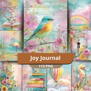 Könnte beinhalten: Eine Collage aus Aquarellillustrationen in Pastellfarben. Die Bilder zeigen einen Vogel, Blumen, einen Flamingo, einen Regenbogen, einen Heißluftballon und ein Seepferdchen. Der Text "Joy Journal" und "113 PNG" wird auf einem braunen Banner angezeigt.