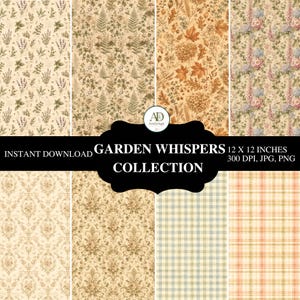 Könnte beinhalten: Eine digitale Papiersammlung mit dem Titel GARDEN WHISPERS, die acht verschiedene Muster enthält, darunter botanische Drucke mit Lavendel, Farnen, Herbstblättern und Blumensträußen sowie Damast- und Karomuster, mit den Maßen 30,48 x 30,48 cm.