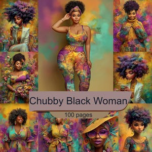 Könnte beinhalten: Eine Sammlung künstlerischer Illustrationen von Schwarzen Personen mit verschiedenen Frisuren und bunter Kleidung, präsentiert in einem 100-seitigen Buch mit dem Titel Chubby Black Woman, das verschiedene Porträts und Outfits vor lebendigen, abstrakten Hintergründen zeigt.