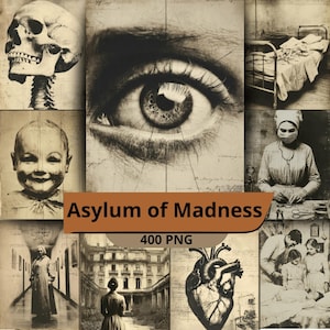 Azyl Szaleństwa – wiktoriańskie psychiatryczne pamiątki, mroczny kolaż medyczny, przerażające strony z dziennika w stylu vintage, gotycka sztuka azylu