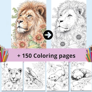 Könnte beinhalten: Eine Reihe von Malbüchern mit detaillierten Tierillustrationen. Das Cover zeigt einen Löwen mit Sonnenblumen, der in eine Schwarz-Weiß-Version übergeht. Der Text "+ 150 Coloring pages" wird darunter angezeigt, mit zusätzlichen Tierzeichnungen.