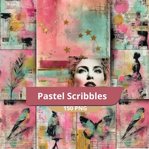 Könnte beinhalten: Eine Sammlung digitaler Kunstdrucke in Pastellfarben. Die Bilder zeigen ein Frauenporträt, goldene Sterne, Vögel, Schmetterlinge und abstrakte Designs. Der Text "Pastel Scribbles" und "150 PNG" ist auf einem Banner zu sehen.