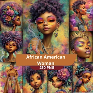 May include: A digital art collection featuring portraits of Black individuals with diverse hairstyles, including floral accents, colorful makeup, and vibrant clothing. The images display various artistic styles, including stylized illustrations and painterly textures.