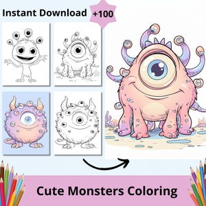 Könnte beinhalten: Eine Sammlung von Malvorlagen mit niedlichen Monstern. Das Bild enthält vier Schwarz-Weiß-Monster-Illustrationen und eine farbige Monster-Illustration. Der Text "Instant Download +100" und "Cute Monsters Coloring" sind ebenfalls vorhanden.