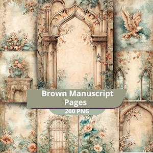 Könnte beinhalten: Eine Sammlung digitaler Scrapbook-Seiten im Vintage-Stil. Die Seiten haben ein braunes und beiges Farbschema mit floralen und architektonischen Elementen. Der Text "Brown Manuscript Pages" und "200 PNG" ist auf einem grünen Banner zu sehen.
