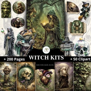 Kit de diario de brujería: 200 páginas imprimibles, 60 imágenes prediseñadas de brujas, papel digital de magia fantástica, diario de bruja gótica, descarga instantánea.