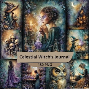 Könnte beinhalten: Eine digitale Kunstcollage mit einem mystischen Thema. Die Kunstwerke umfassen Bilder einer Hexe, Schädeln, einer Eule und Zaubertränken. Der Text "Celestial Witch's Journal" und "130 PNG" sind ebenfalls vorhanden.