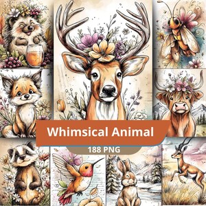 Könnte beinhalten: Eine Sammlung von Illustrationen mit skurrilen Tieren, darunter ein Hirsch mit floralem Geweih, ein Fuchs und ein Kolibri. Die Bilder sind im Aquarellstil gehalten und der Text "Whimsical Animal" ist zu sehen.