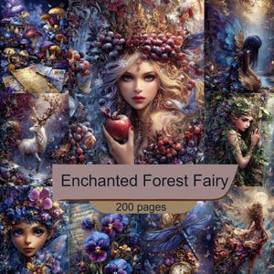 Könnte beinhalten: Eine Collage aus Fantasy-Illustrationen mit Feen, einem Hirsch, Pilzen, Blumen und einer zentralen Figur, die einen roten Apfel hält. Der Text "Enchanted Forest Fairy" und "200 pages" ist auf einem braunen Banner in der Mitte zu sehen.