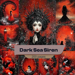 Könnte beinhalten: Ein 200-seitiges Buch mit dem Titel Dark Sea Siren, das eine Collage aus düsteren Fantasy-Illustrationen in Rot- und Schwarztönen zeigt, darunter Figuren mit aufwendigem Kopfschmuck, ein Leuchtturm, ein Schiff und Goldfische.