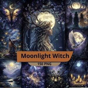 Könnte beinhalten: Eine digitale Kunstcollage mit einem mystischen Thema. Das zentrale Bild zeigt eine Frau mit Geweih und Blumenkranz vor einem Vollmond. Weitere Panels zeigen eine Hexe, eine Eule und einen Schmetterling. Der Text "Moonlight Witch" und "150 PNG" sind zu sehen.