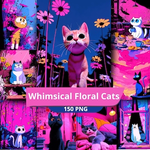 Whimsical Cat Bundle, Floral Kitten PNG Pack, Aesthetic Junk Journal, Vibrant Scrapbook Papers, Cute Cat Art Printable Digital Download