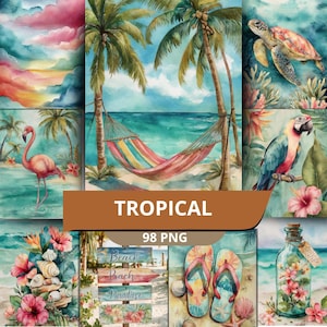 Puede incluir: Ilustraciones en acuarela con temática tropical. La imagen presenta una hamaca entre palmeras, un flamenco, un loro, una tortuga marina y escenas de playa. La palabra "TROPICAL" se muestra en una pancarta marrón, junto con "98 PNG".
