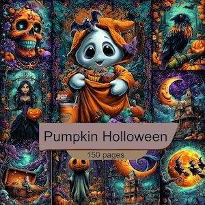 Könnte beinhalten: Ein 150-seitiges Malbuch mit dem Titel Pumpkin Holloween, das eine Collage aus Halloween-Illustrationen zeigt, darunter ein Geist in einem orangefarbenen Umhang, ein Totenkopf, ein Rabe, eine Hexe, ein Spukhaus und eine lächelnde Mondsichel.