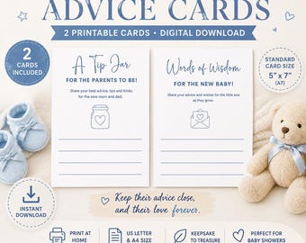 May include: Two white baby shower advice cards with blue text and graphics. One card is titled A Tip Jar for the parents to be, the other Words of Wisdom for the new baby. Both cards feature lines for writing and measure 12.7 cm by 17.8 cm.