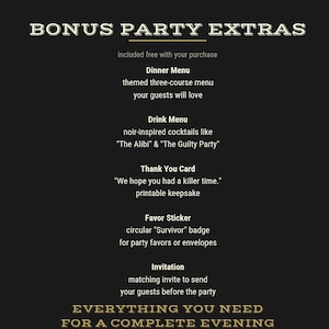Bonus printable party extras including themed dinner menu, drink menu, matching invitation, thank you card, and survivor favor sticker for a complete murder mystery experience. Editable Murder Mystery Dinner Party Game | Printable Murder Mystery Kit | Elegant Noir Murder Mystery | Host Game Night | Instant Download