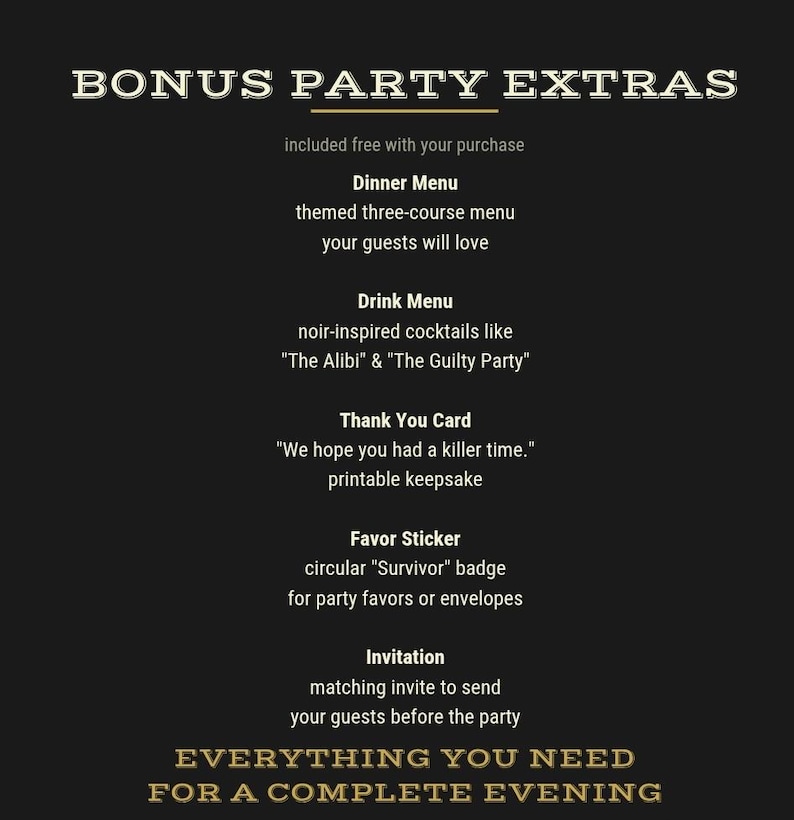 Bonus printable party extras including themed dinner menu, drink menu, matching invitation, thank you card, and survivor favor sticker for a complete murder mystery experience. Editable Murder Mystery Dinner Party Game | Printable Murder Mystery Kit | Elegant Noir Murder Mystery | Host Game Night | Instant Download