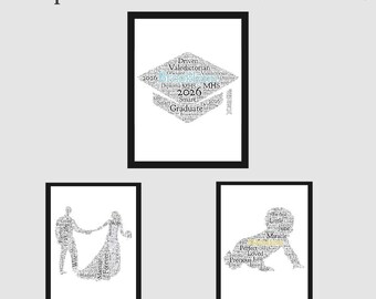 May include: Three framed prints titled Special Occasion Word Art. The top print shows a graduation cap made of words like Brooklyn, 2026, and Graduate. The bottom left print depicts a couple holding hands, and the bottom right shows a baby crawling.