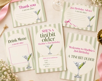 May include: A set of five rectangular paper cards with a sage green and white vertical stripe pattern. Each card features a martini glass illustration with olives and pink or dark green text including phrases like Thank you, Drink Menu, and 21st Birthday Advice.
