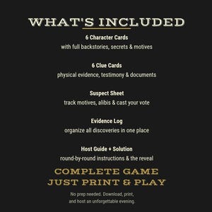 Printable murder mystery game contents including six character cards, clue cards, suspect sheet, evidence log, host guide, solution guide, and easy print-and-play instructions. Editable Murder Mystery Dinner Party Game | Printable Murder Mystery Kit | Elegant Noir Murder Mystery | Host Game Night | Instant Download