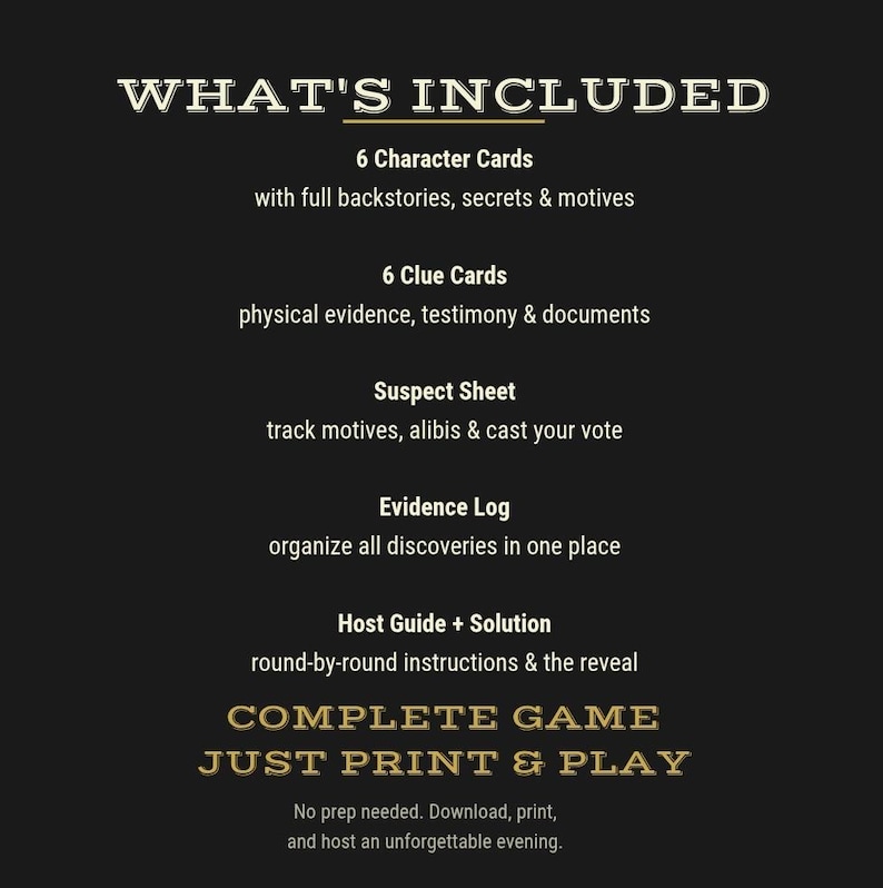 Printable murder mystery game contents including six character cards, clue cards, suspect sheet, evidence log, host guide, solution guide, and easy print-and-play instructions. Editable Murder Mystery Dinner Party Game | Printable Murder Mystery Kit | Elegant Noir Murder Mystery | Host Game Night | Instant Download