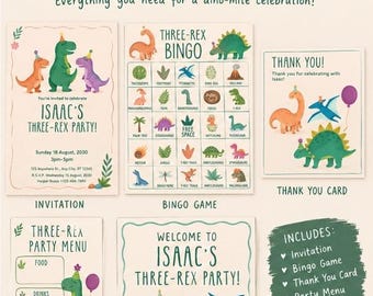 May include: A printable birthday set titled Three-Rex Party featuring an invitation, bingo game, thank you card, party menu, and welcome sign. Each item displays colourful dinosaur illustrations, party hats, and text for a child's birthday event.