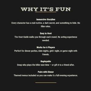 Features of the printable murder mystery game including immersive storyline, easy hosting, replayable gameplay, dinner party experience, and printable Canva template Editable Murder Mystery Dinner Party Game | Printable Murder Mystery Kit | Elegant Noir Murder Mystery | Host Game Night | Instant Download