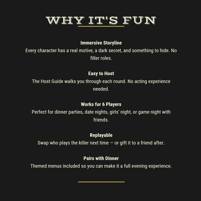 Features of the printable murder mystery game including immersive storyline, easy hosting, replayable gameplay, dinner party experience, and printable Canva template Editable Murder Mystery Dinner Party Game | Printable Murder Mystery Kit | Elegant Noir Murder Mystery | Host Game Night | Instant Download