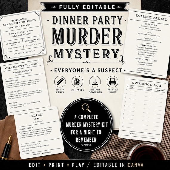 Editable Murder Mystery Dinner Party Game | Printable Murder Mystery Kit | Elegant Noir Murder Mystery | Host Game Night | Instant Download